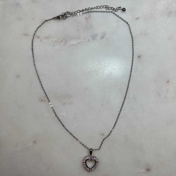 Y2K Vintage Silver Tone Necklace with Pink Heart Pendant - Picture 2 of 4